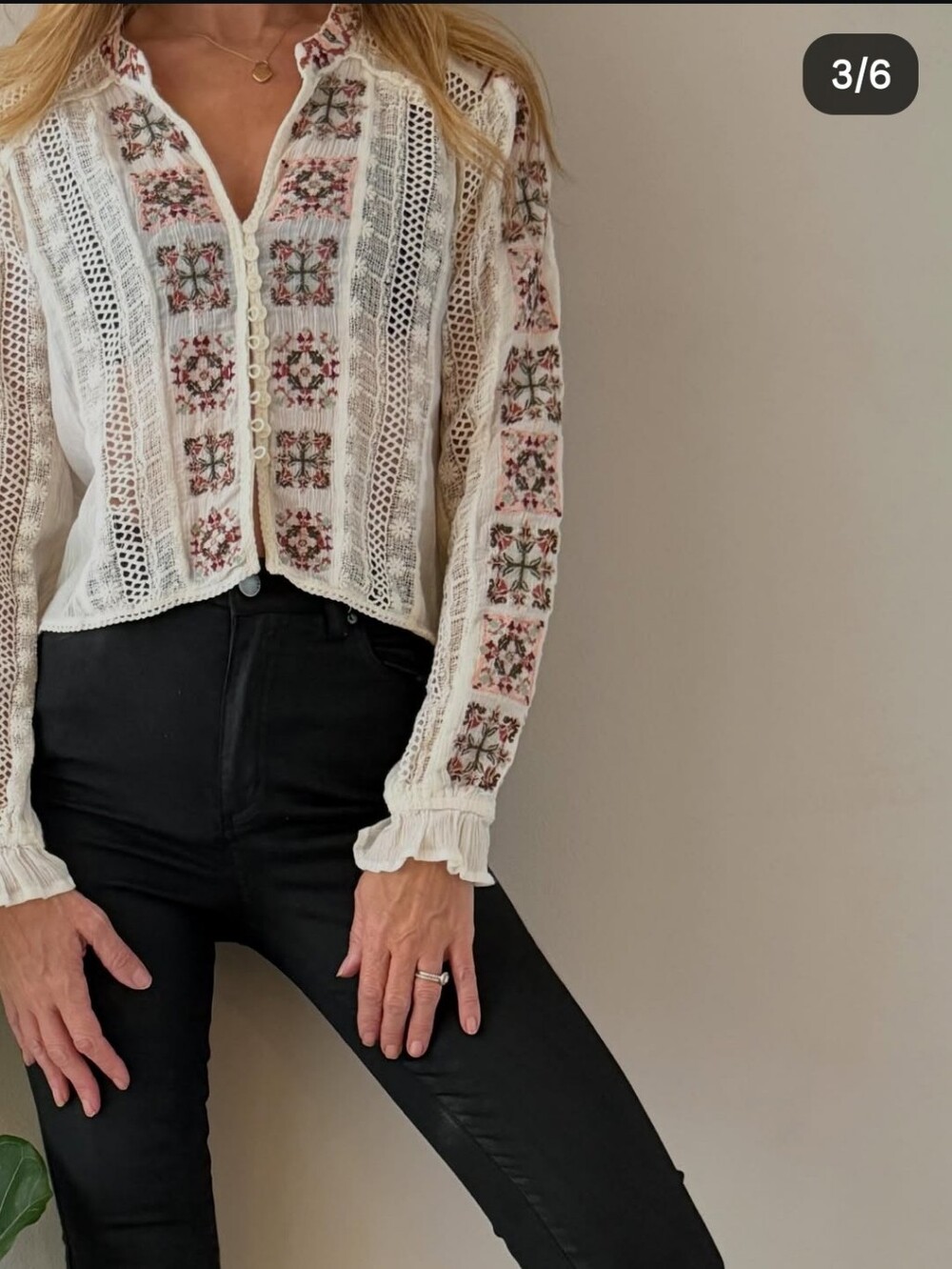 Boho White Embroidered Button-Front Blouse